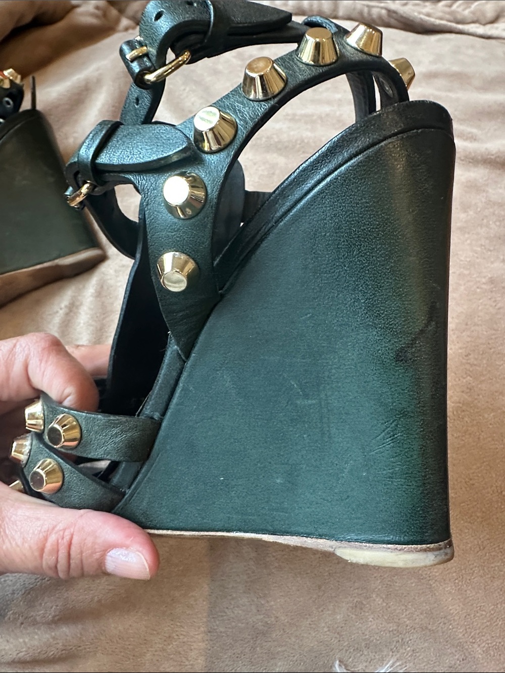 Balenciaga Olive Green Studded Wedge Sandals - Picture 8 of 12